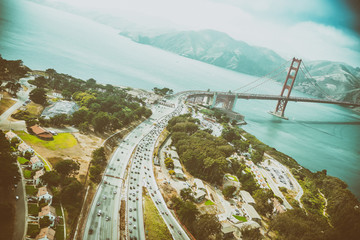 Aerial view of San Francisco Golden Gate Bridge and US Highway 101 from Helicopter