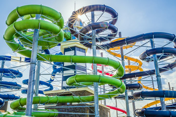 Colorful water slides in aquapark