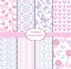 Collection of seamless pattern in blue and pink colors. Endless texture with butterflies, hearts and flowers