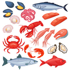 Naklejka premium Seafood in cartoon style.