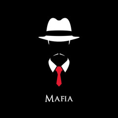 Fototapeta White Silhouette of an Italian Mafia with a red tie on a black background. obraz