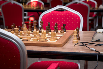 Chess tournament equipment set, boards, pieces and clocks
