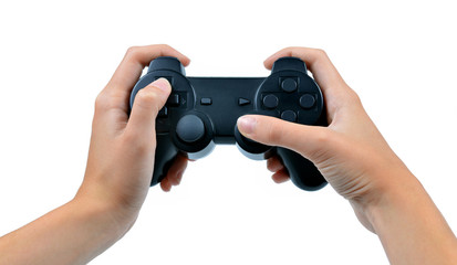 Fototapeta premium Game controller in hand isolated on white background. 