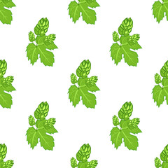 Seamless pattern with green hops and leaves vector illustration.