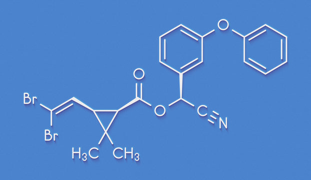 Deltamethrin insecticide molecule (synthetic pyrethroid). Skeletal formula.