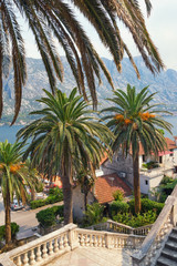 Fototapeta na wymiar View of seaside Prcanj town from the stairs of the Church of Birth of Our Lady. Kotor Bay of Adriatic sea, Montenegro