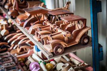 a traditional wooden car line on the store market