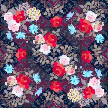 Bright floral pattern with bouquets of roses, daisy and cosmos flowers on ornamental background. Bandanna, rug, greeting card, pillowcase.