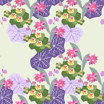 Fantasy floral background. Seamless pattern with primrose, nasturtium, cactus flowers and lilac leaves. Summer design.