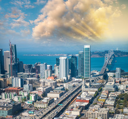 Aerial view of Downtown San Francisco skyline from helicopter, CA