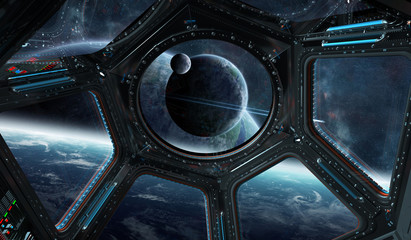 View of outer space from a space station window 3D rendering elements of this image furnished by...