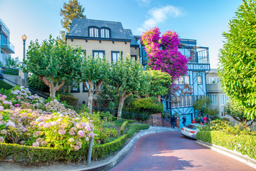 Fototapeta premium SAN FRANCISCO - AUGUST 7TH, 2017 - Tourists in Lombar Street. It is claimed as the most crooked street in the world, located along the eastern segment in the Russian Hill neighborhood