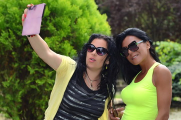 Fototapeta na wymiar Two beautiful girls make selfi