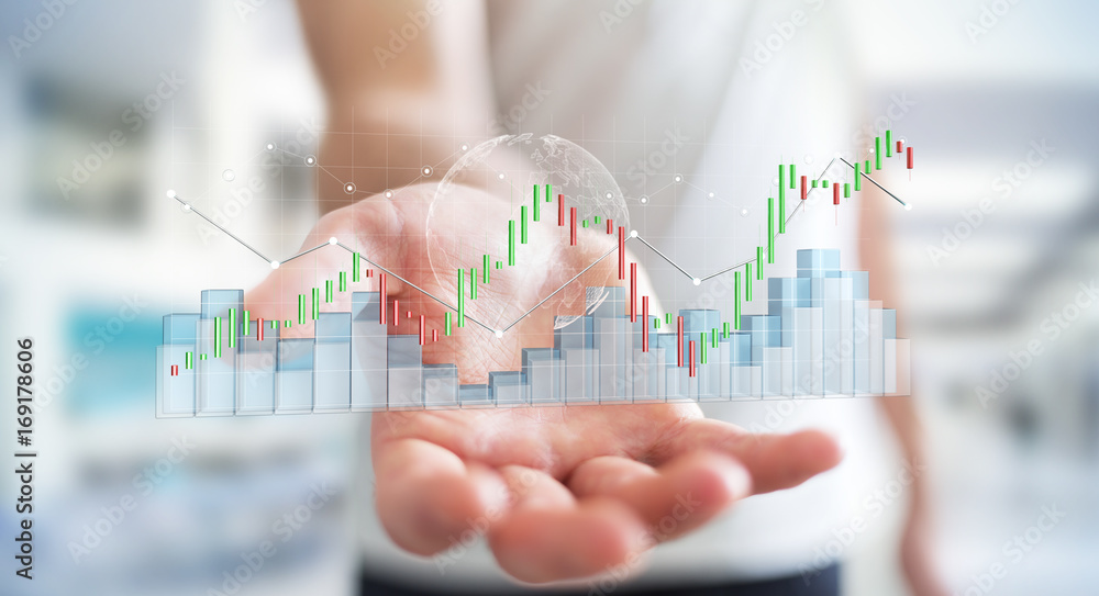 Poster businessman using digital 3d rendered stock exchange stats and charts