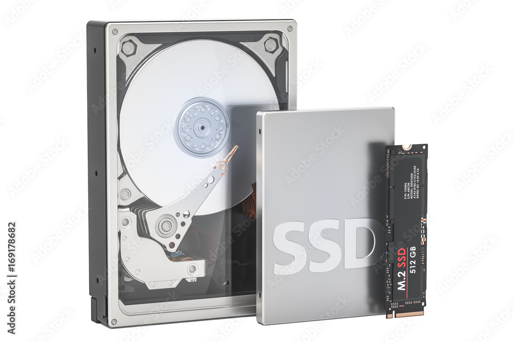 Poster solid state drive ssd, hard disk drive hdd and m2 ssd, 3d rendering