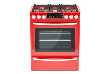 Red gas cooker with oven front view, 3D rendering