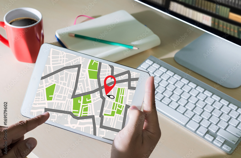 Poster gps map to route destination network connection location street map with gps icons navigation