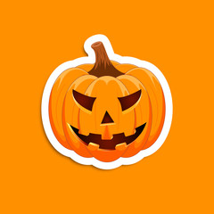 Pumpkin sticker on an orange background. The main symbol of the Happy Halloween holiday. Orange pumpkin with smile for your design for the holiday Halloween. Vector illustration.