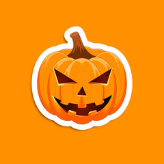 Pumpkin sticker on an orange background. The main symbol of the Happy Halloween holiday. Orange pumpkin with smile for your design for the holiday Halloween. Vector illustration.