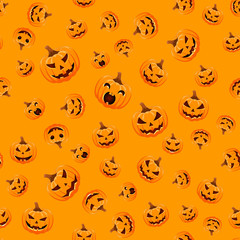Seamless pattern of pumpkins on an orange background. The main symbol of the Happy Halloween holiday. Orange pumpkin with smile for your design for the holiday Halloween. Vector illustration.
