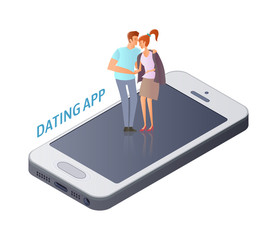 Mobile Dating app concept. Young couple, man and woman on a romantic date on the smartphone screen. Vector illustration, isolated on white background.