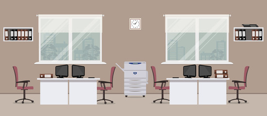 Office room in a cocoa color. There are white tables, purple chairs, a copy machine, computers, shelves with folders and other objects in the picture. Vector flat illustration.
