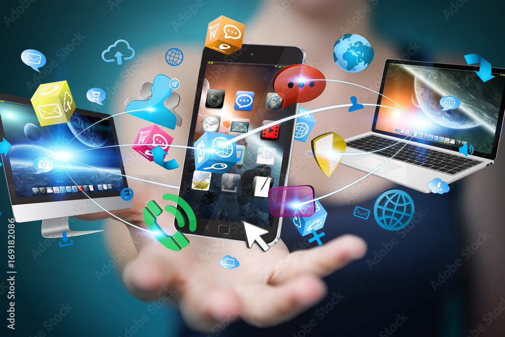 Poster tech devices connected to each other by businesswoman 3d rendering