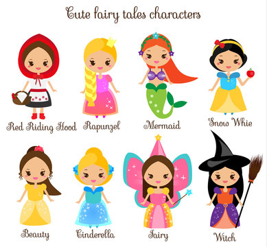 Cute kawaii fairy tales characters. Snow white, red riding hood, rapunzel, cinderella and other princess in beautiful dresses. Cartoon style