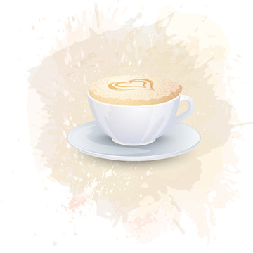White cup with coffee drink on a abstract watercolor spot background. Trendy soft colors.