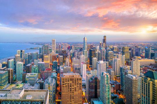 Aerial view of Chicago downtown skyline at sunset