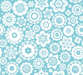 Flowers, background, seamless, white-blue, vector.White decorative flowers on a light blue background. Floral seamless background.    