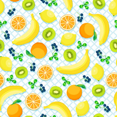 Seamless pattern with colorful cartoon fruits: orange banana kiwi and lemon. Vector fruits on geometric pattern.