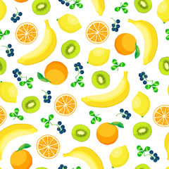 Seamless pattern with colorful cartoon fruits: orange banana kiwi and lemon. Vector, isolated on white.