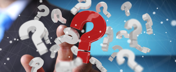 Businessman using 3D rendering question marks