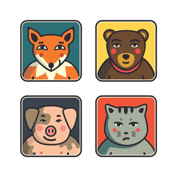 Colored funny animals icons. Image muzzles pig, cat, bear and fox. Cute avatars. Animal userpic.