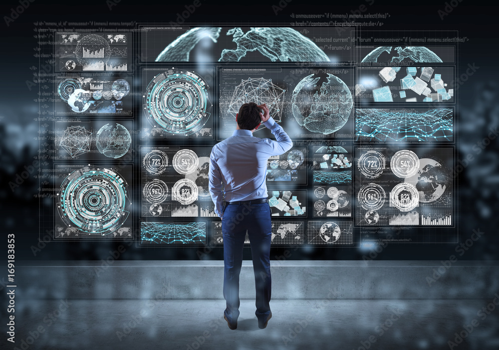 Poster Businessman watching graph screens interface on a rooftop 3D rendering