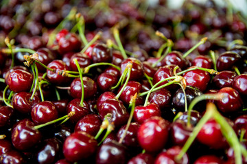 Ripe red cherries put up for sale on the market