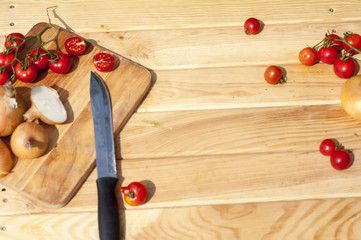 Top view flatlayfood photo, onion and tomato