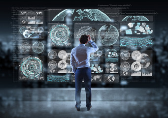 Businessman watching graph screens interface on a rooftop 3D rendering