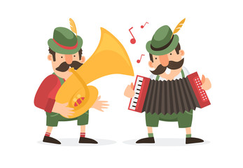 Two german cartoon musicians in bavarian costumes plays trumpets. Vector illustration.