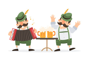 Oktoberfest. Two funny cartoon mens in traditional Bavarian costume with beer mugs celebrate and have fun at Oktoberfest beer festival. Vector illustration.