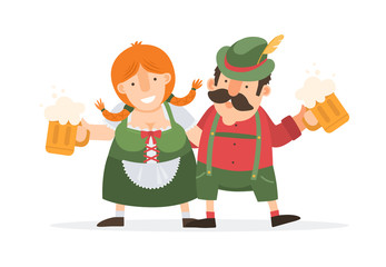 Oktoberfest. Funny cartoon man and women in traditional Bavarian costume celebrate and have fun at Oktoberfest beer festival. Vector illustration.