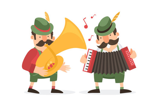 Two german cartoon musicians in bavarian costumes plays trumpets. Vector  illustration. Stock Vector | Adobe Stock