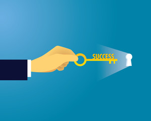 Vector illustration. Business success concept. Businessman holding key of success to open door of big opportunity winning glory in future