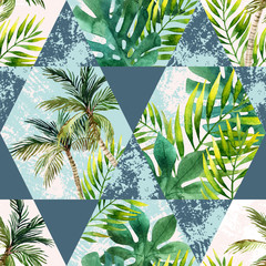 Feuilles tropicales d& 39 aquarelle et palmiers dans le modèle sans couture de formes géométriques