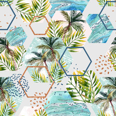 Watercolor tropical leaves and palm trees in geometric shapes seamless pattern
