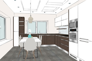 3D rendering. Modern brown kitchen design in light interior. White kitchen table in the room. Interior design. Pendant light. Perspective, lines, appliances, decorations, windows.