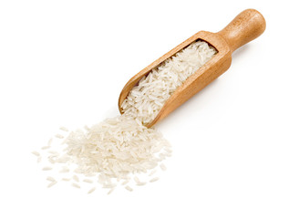 Wooden scoop with parboiled rice isolated on white background. Healthy food. Close up. High resolution product