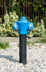 Fototapeta na wymiar blue fireplug, hydrant next to the street