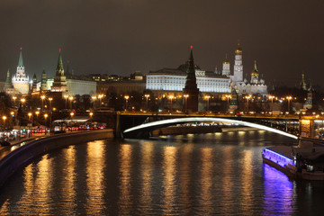 View to Moscow Kremlin at night from Patriarshy bridge, Russia 